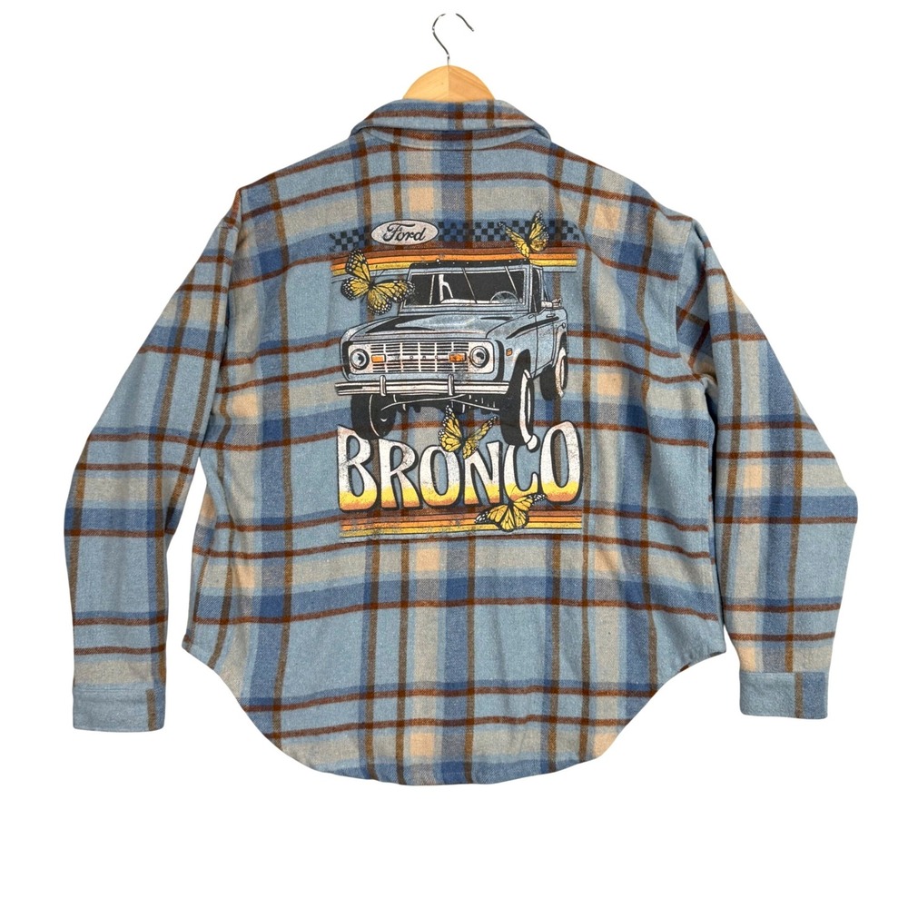 Ford Bronco Plaid Shacket Women Medium Blue Graphic Butterfly Wool Blend‎ Shirt